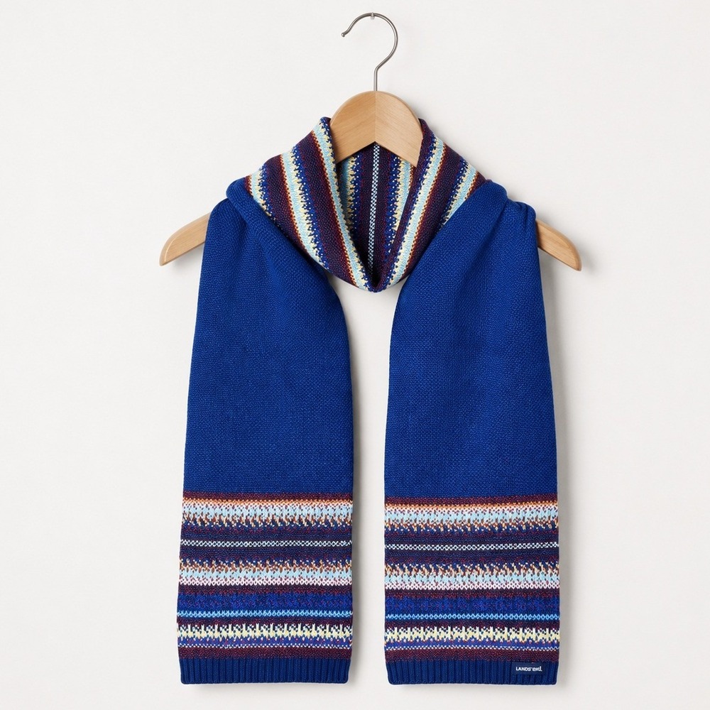 Lands End Fair Isle Knit Scarf Women Unisex Blue Nordic Preppy Classic Gorpcore